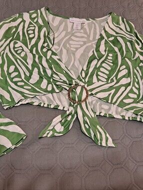 House of Harlow 1960 Green and White Tie-Front Crop Top with Gold Ring Sz L